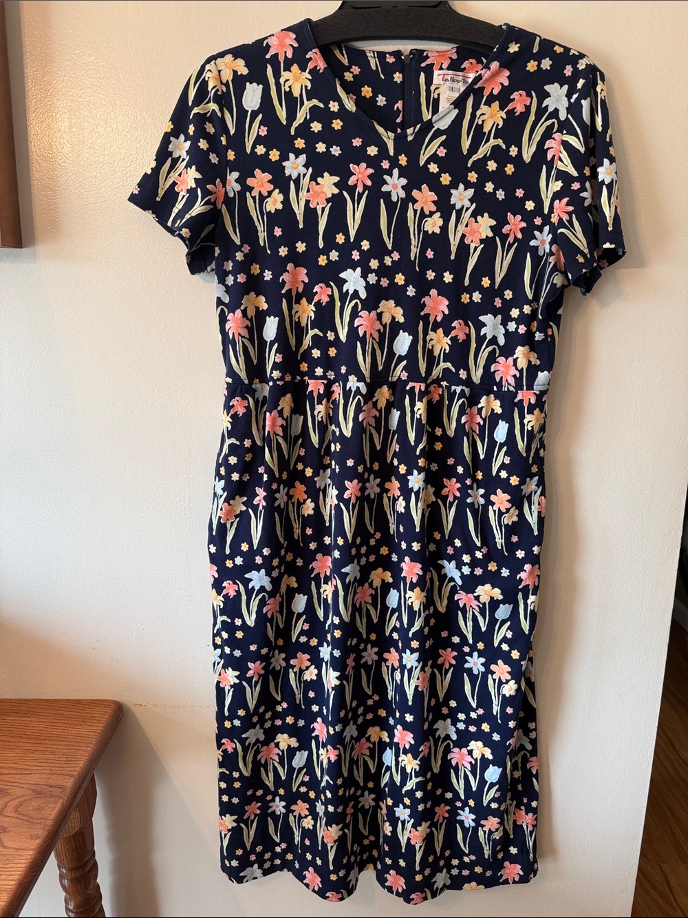 Vintage Talbots Navy Floral Midi Dress with Pink, Cream & Light Blue Blooms